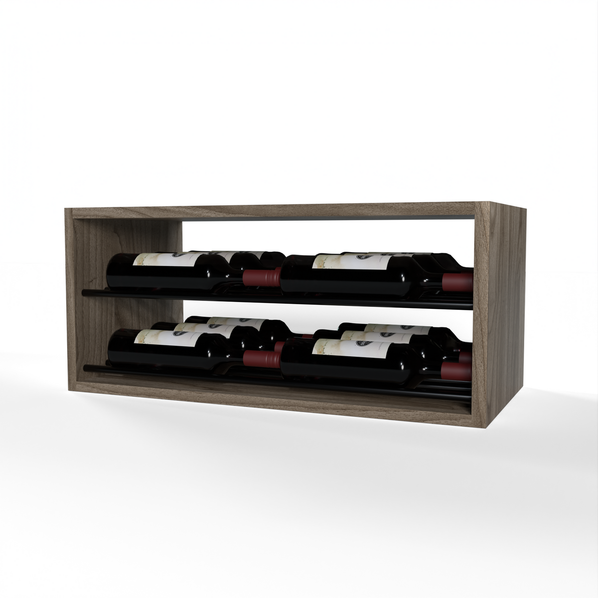 GrandCellar™ 6 Column Horizontal Label-Forward Wine Display – 12" – Black Metal Rods – Walnut / Unstained