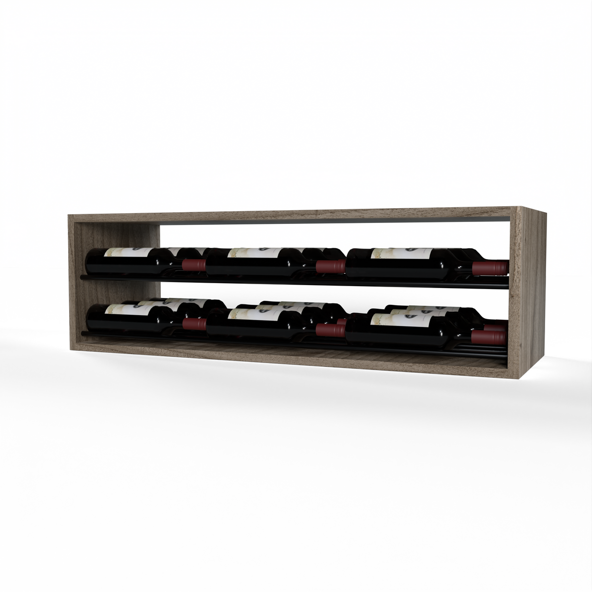 GrandCellar™ 8 Column Horizontal Label-Forward Wine Display – 12" – Black Metal Rods – Walnut / Unstained