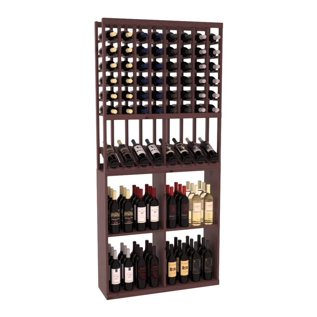 Retail High-Reveal Wine Display Rack – Knotty Alder / Black stained