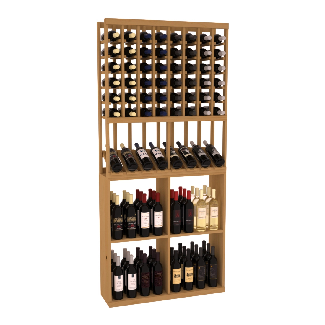 Retail High-Reveal Wine Display Rack – Ponderosa Pine / Oak stained