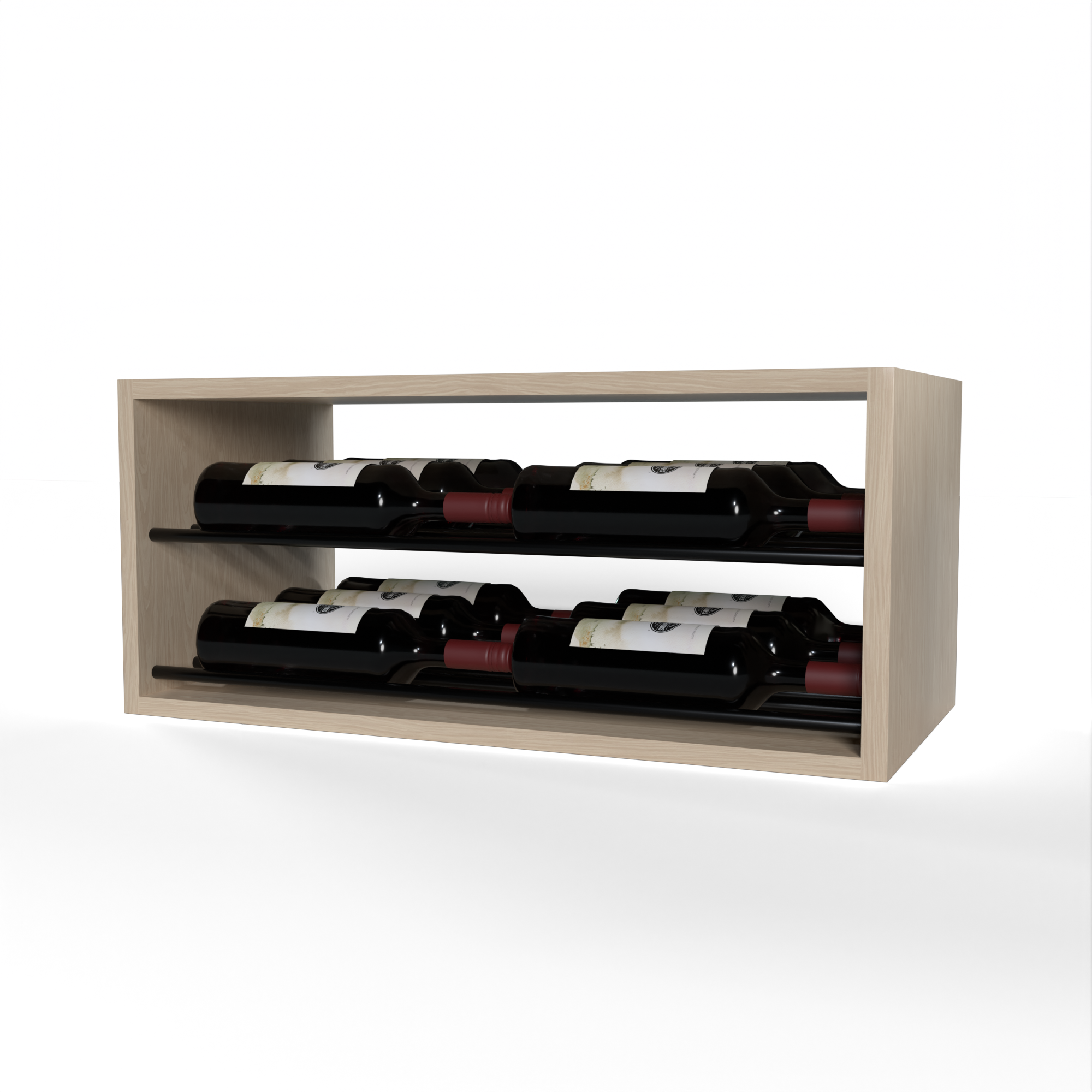 GrandCellar™ 6 Column Horizontal Label-Forward Wine Display – 12" – Black Metal Rods – White Oak / Unstained
