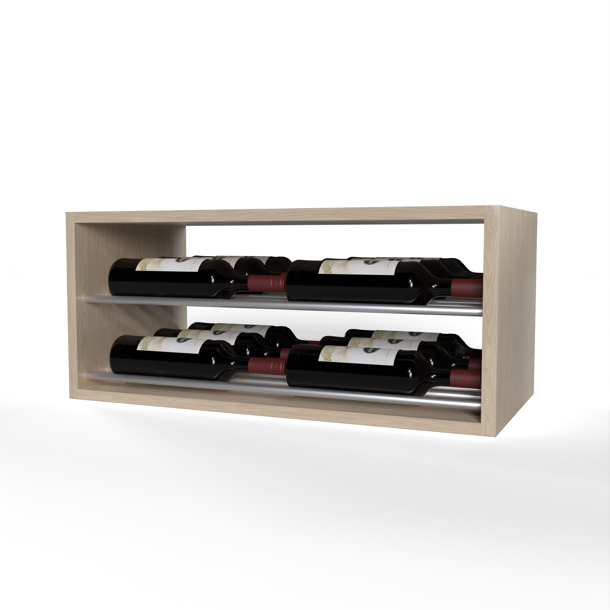 GrandCellar™ 6 Column Horizontal Label-Forward Wine Display – 12"- Silver Metal Rods – White Oak / Unstained