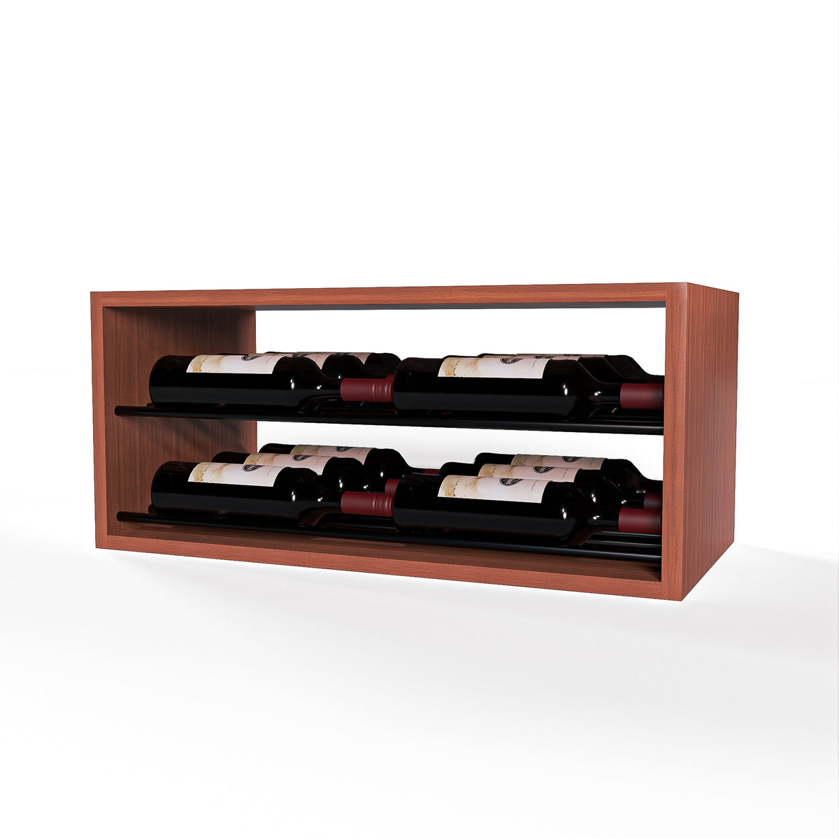 GrandCellar™ 6 Column Horizontal Label-Forward Wine Display – 12" – Black Metal Rods – Sapele Mahogany / Unstained