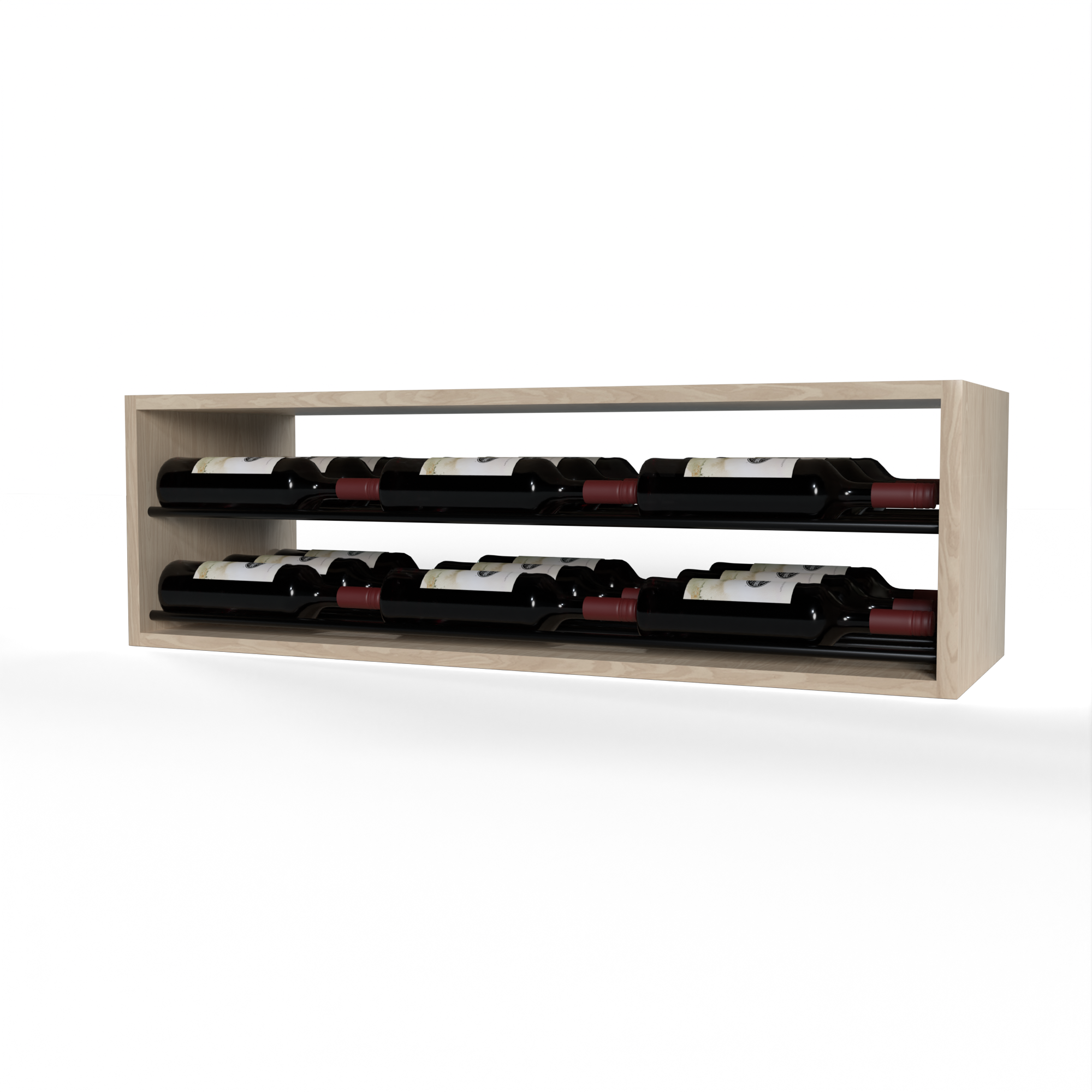 GrandCellar™ 8 Column Horizontal Label-Forward Wine Display – 12" – Black Metal Rods – White Oak / Unstained