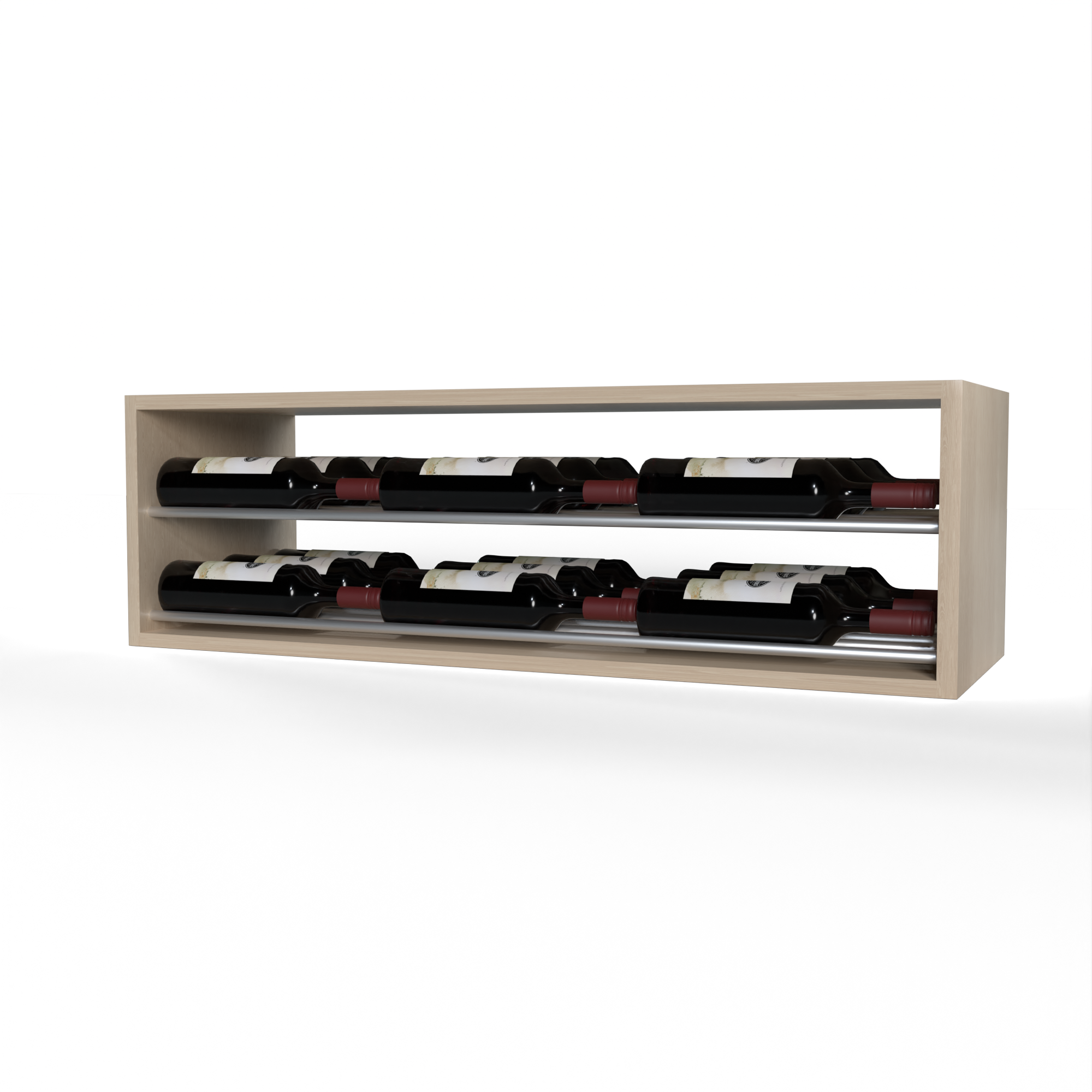 GrandCellar™ 8 Column Horizontal Label-Forward Wine Display – 12" – Silver Metal Rods – White Oak / Unstained