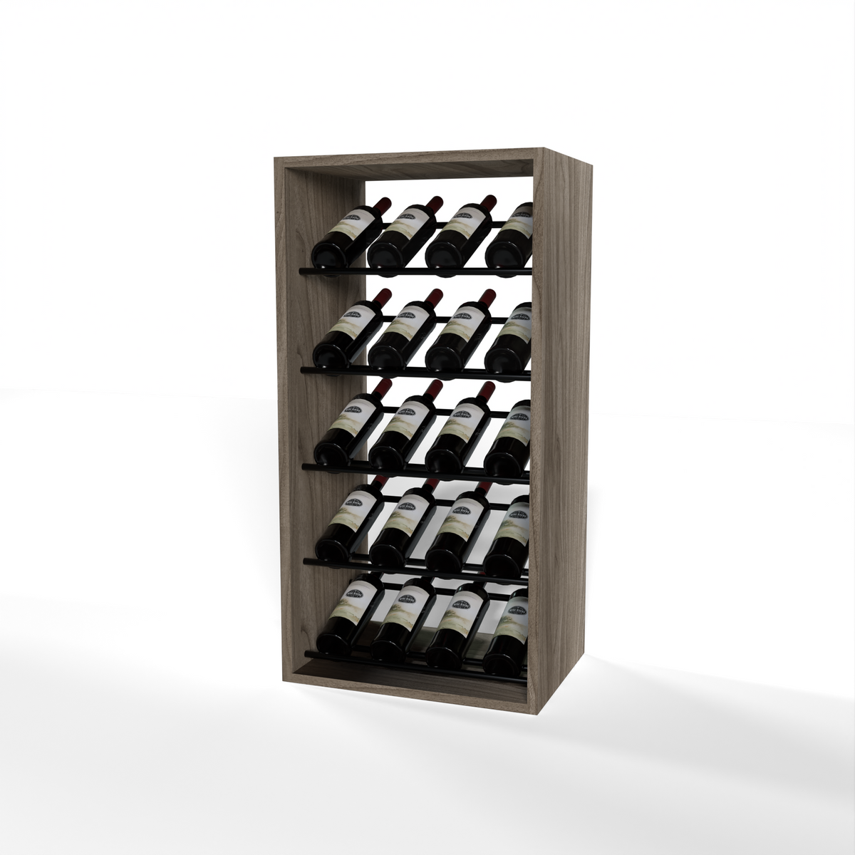 GrandCellar 4 Column Full-Depth Label-Forward Wine Base Display – 36" – Black Metal Rods – Walnut / Unstained