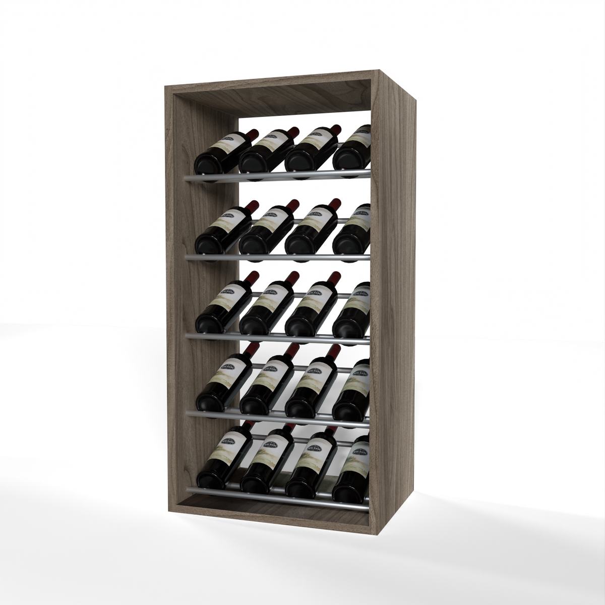 GrandCellar 4 Column Full-Depth Label-Forward Wine Base Display – 36" – Silver Metal Rods – Walnut / Unstained