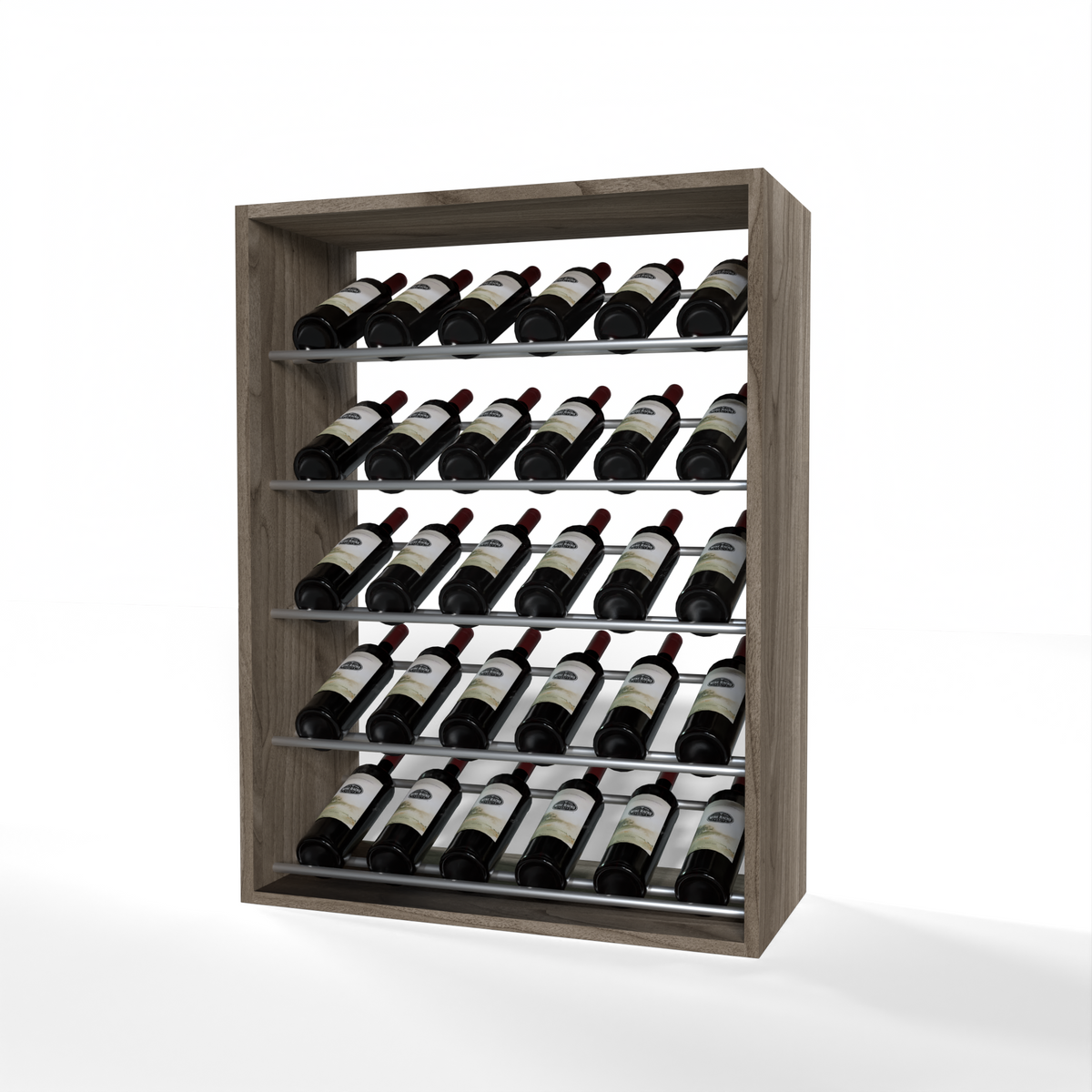 GrandCellar 6 Column Full-Depth Label-Forward Wine Base Display – 36" – Silver Metal Rods – Walnut / Unstained