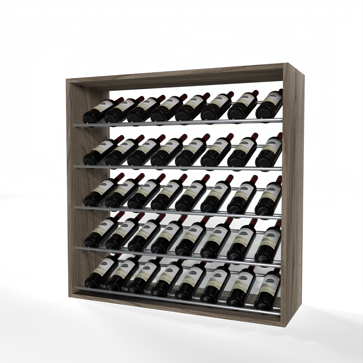 GrandCellar 8 Column Full-Depth Label-Forward Wine Base Display – 36" – Silver Metal Rods – Walnut / Unstained