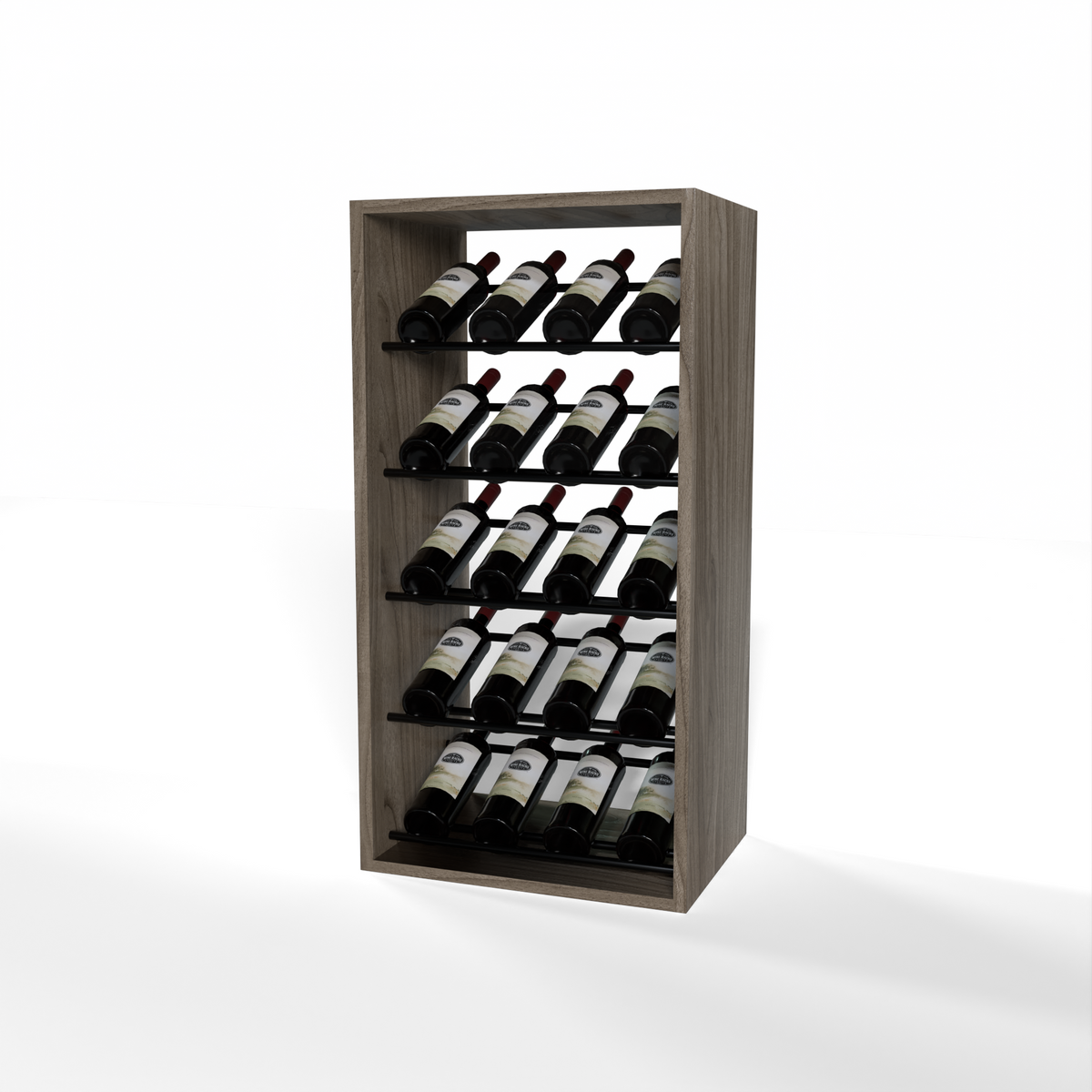 GrandCellar 4 Column Full-Depth Label-Forward Wine Base Display – 36" – Black Metal Rods – Walnut / Unstained