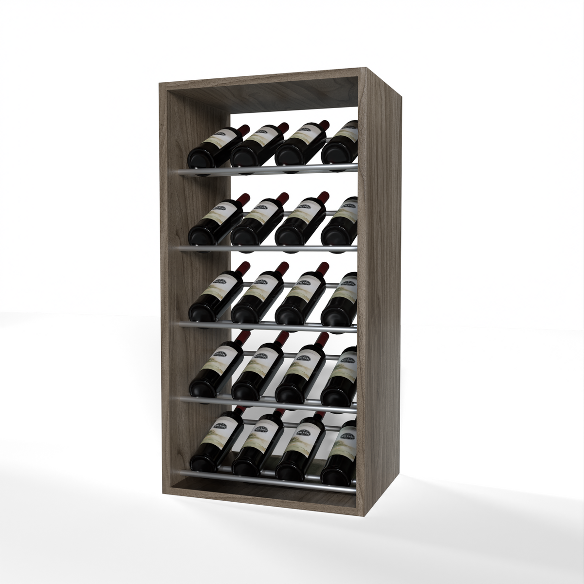 GrandCellar 4 Column Full-Depth Label-Forward Wine Base Display – 36" – Silver Metal Rods – Walnut / Unstained