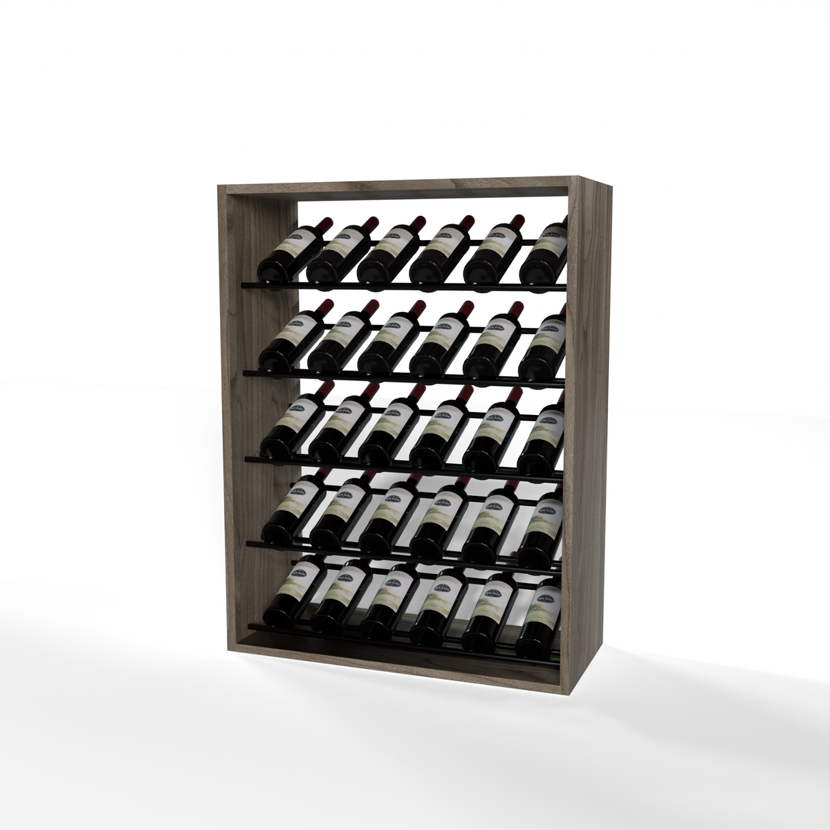 GrandCellar 6 Column Full-Depth Label-Forward Wine Base Display – 36" – Black Metal Rods – Walnut / Unstained