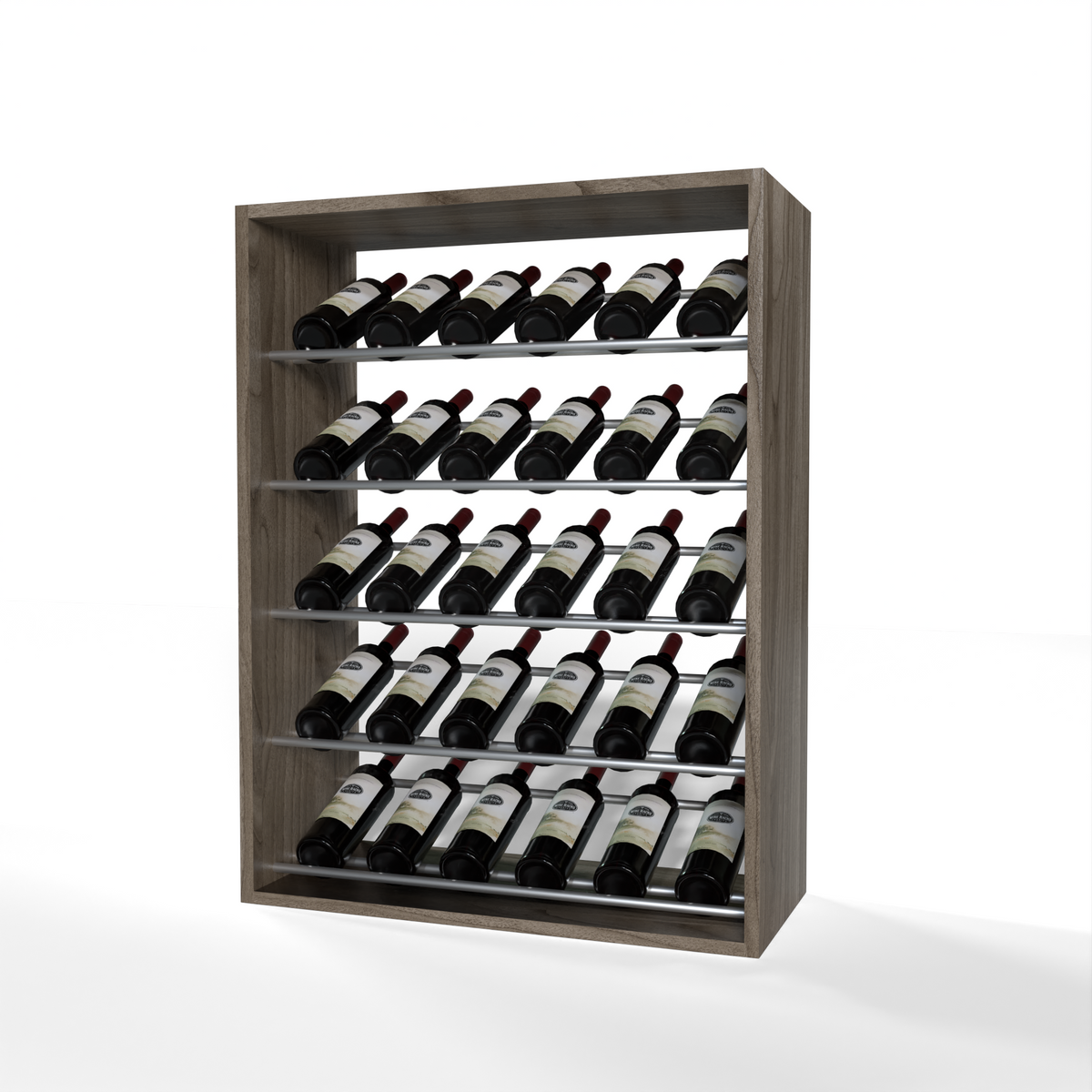 GrandCellar 6 Column Full-Depth Label-Forward Wine Base Display – 36" – Silver Metal Rods – Walnut / Unstained