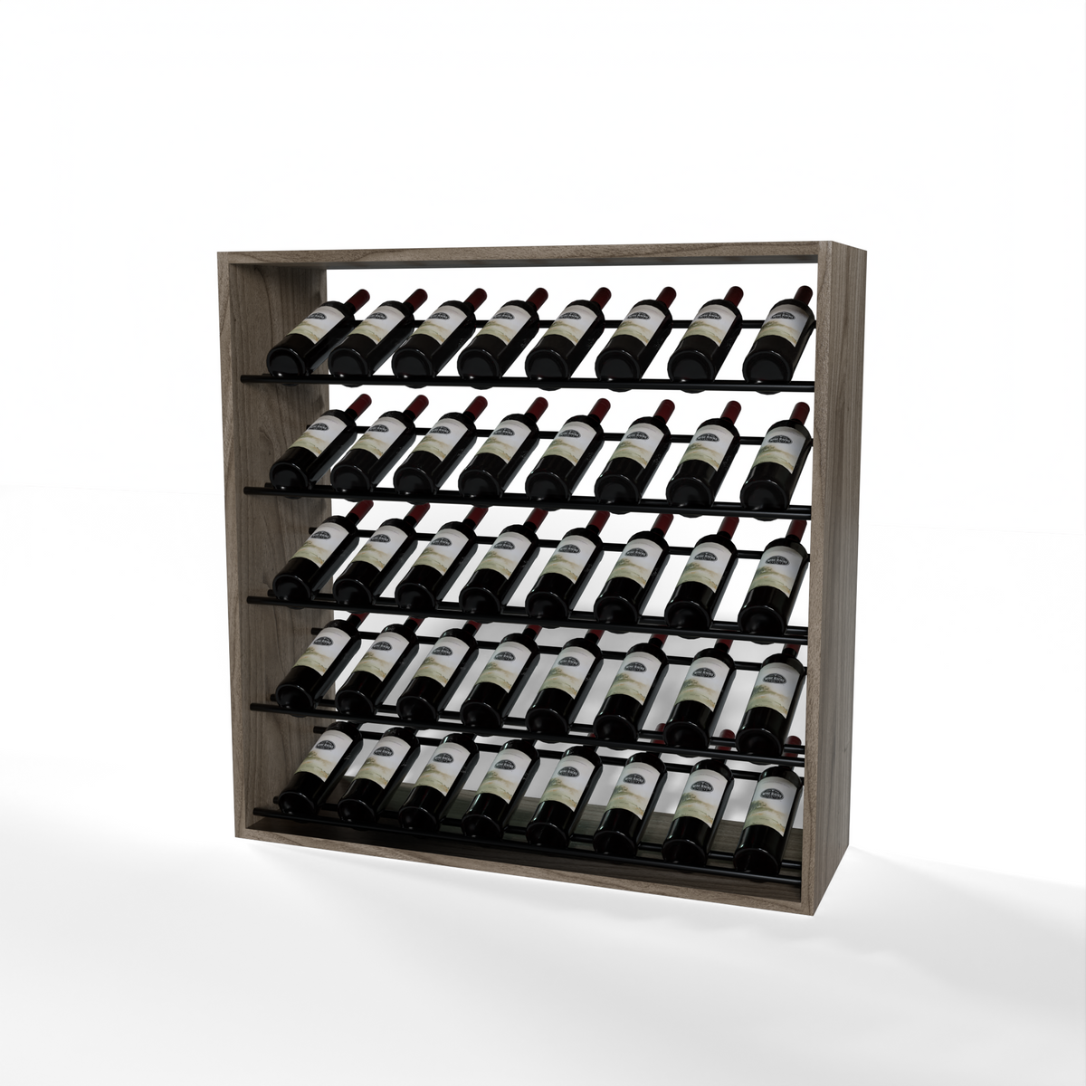 GrandCellar 8 Column Full-Depth Label-Forward Wine Base Display – 36" – Black Metal Rods – Walnut / Unstained