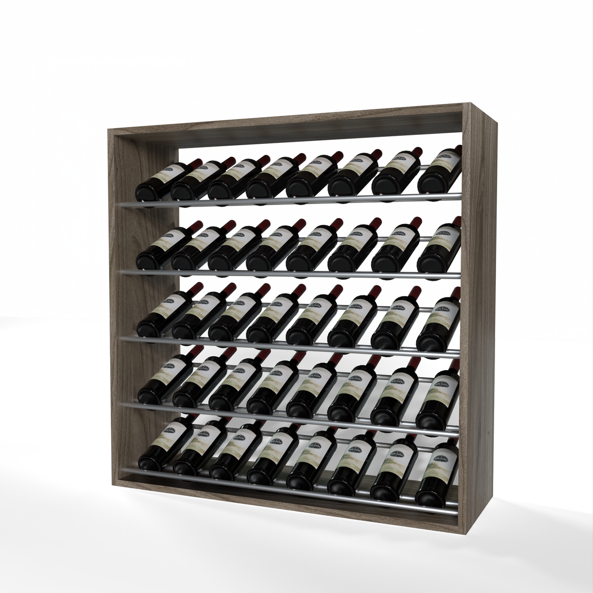GrandCellar 8 Column Full-Depth Label-Forward Wine Base Display – 36" – Silver Metal Rods – Walnut / Unstained