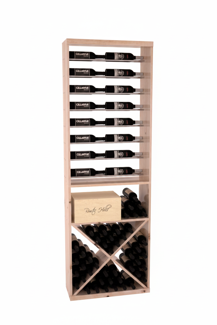 InstaCellar 26" Horizontal Display / X Bin Combo – Black Metal Rods – Knotty Alder / Oak stained