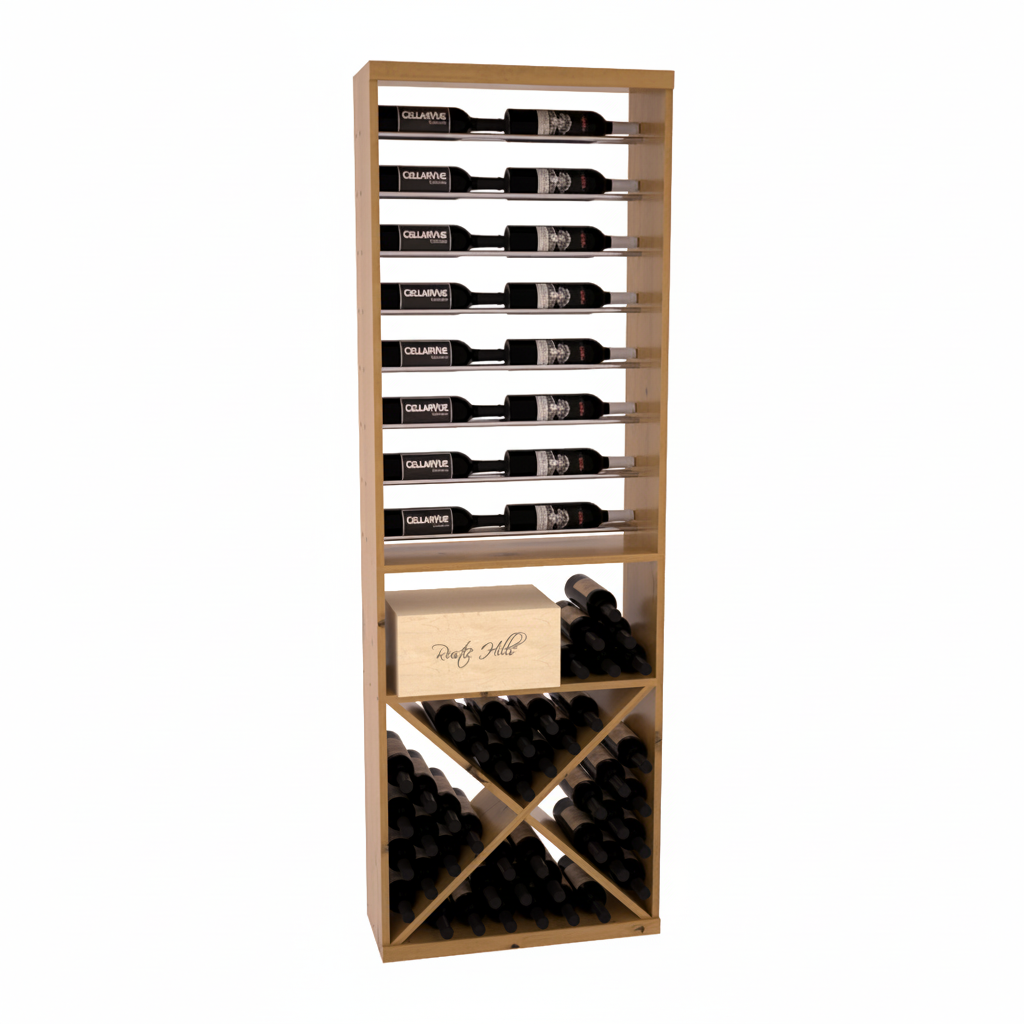 InstaCellar 26" Horizontal Display / X Bin Combo – Black Metal Rods – Ponderosa Pine / Black stained