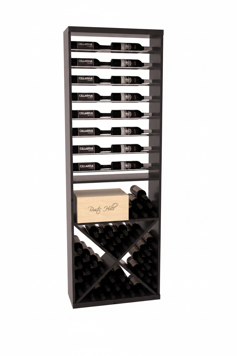 InstaCellar 26" Horizontal Display / X Bin Combo – Black Metal Rods – Knotty Alder / Cherry stained