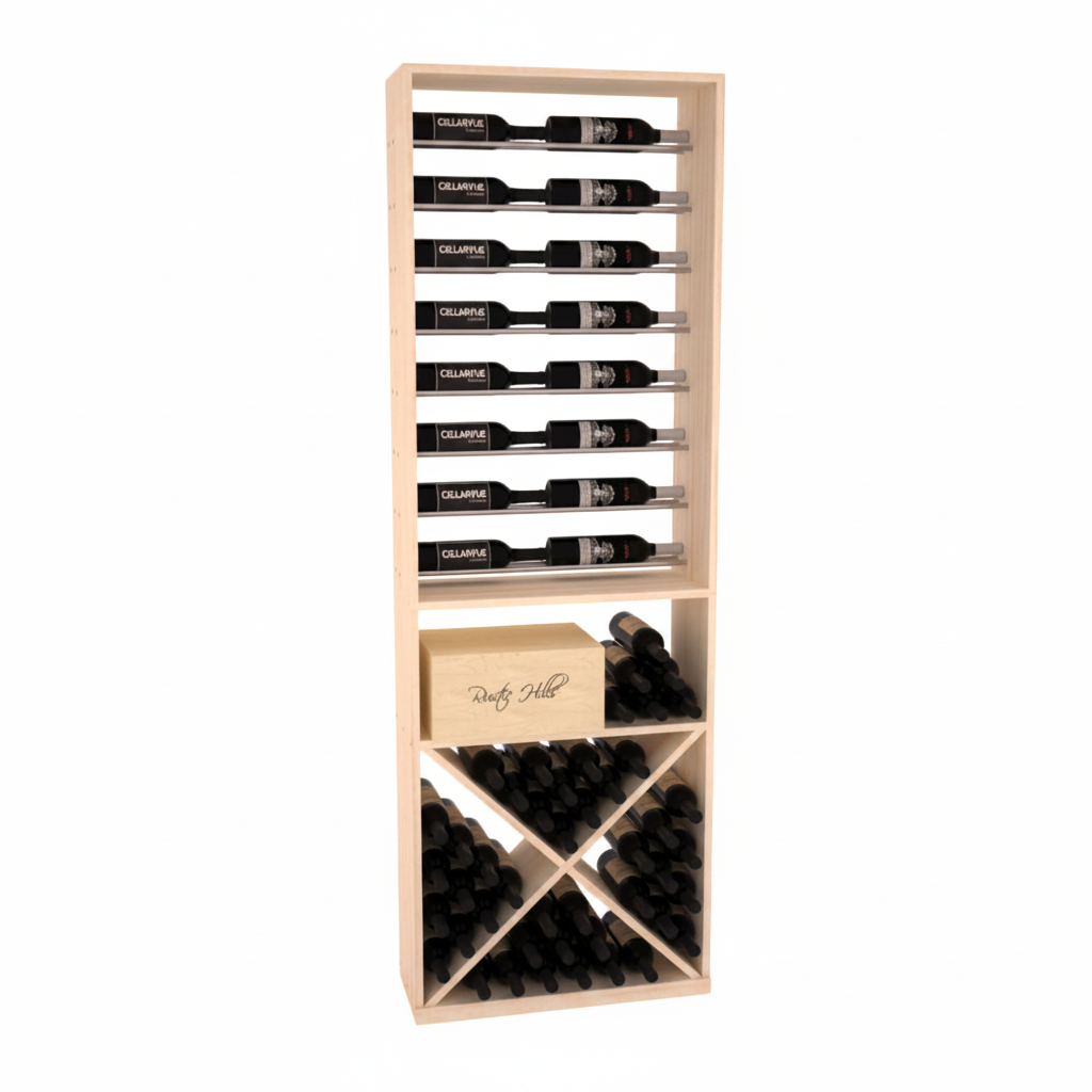 InstaCellar 26" Horizontal Display / X Bin Combo – Black Metal Rods – Knotty Alder / Cherry stained