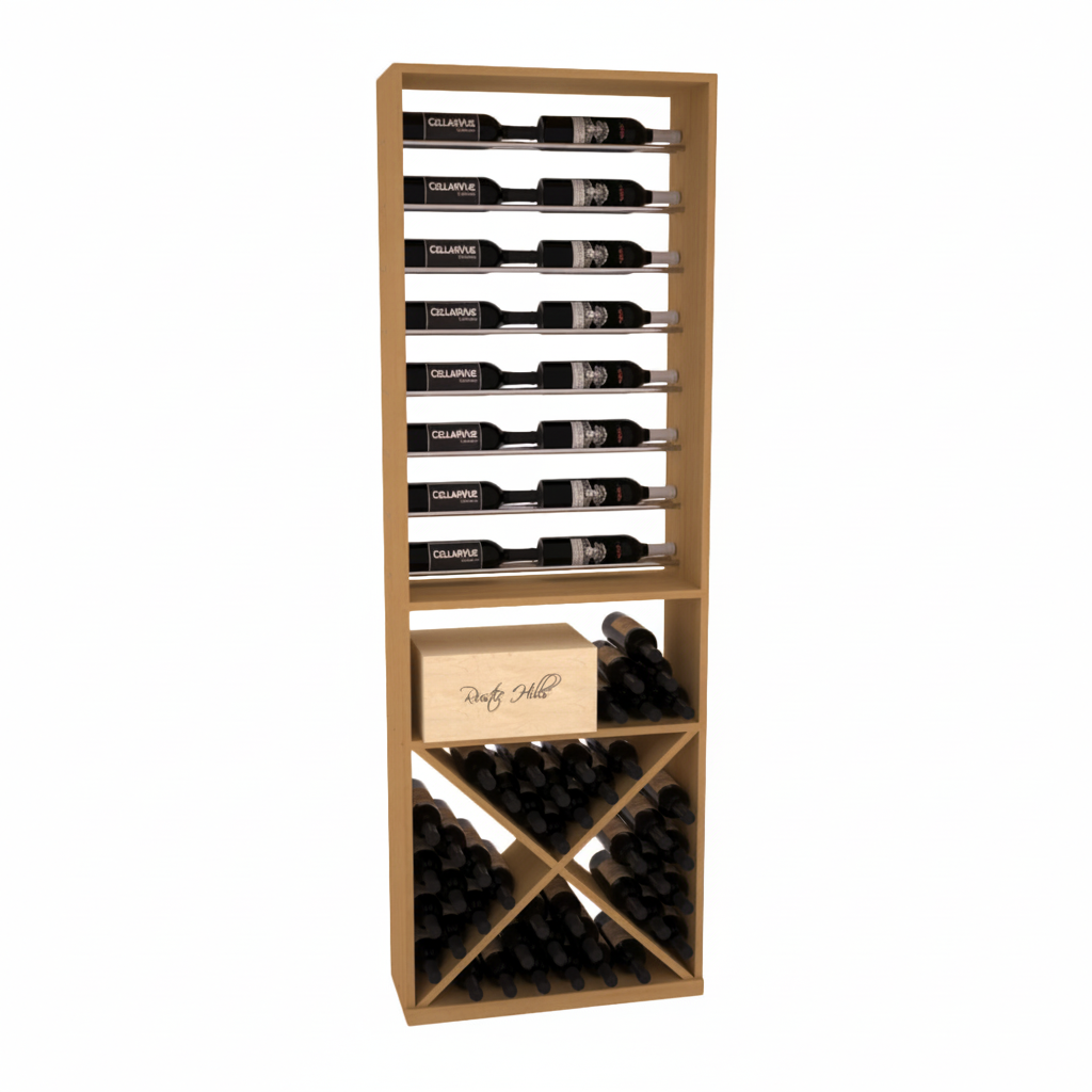 InstaCellar 26" Horizontal Display / X Bin Combo – Black Metal Rods – Ponderosa Pine / Oak stained