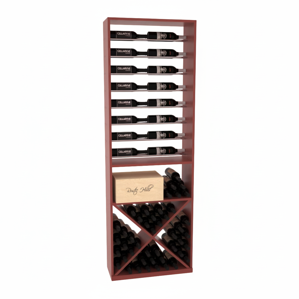 InstaCellar 26" Horizontal Display / X Bin Combo – Black Metal Rods – Knotty Alder / Black stained
