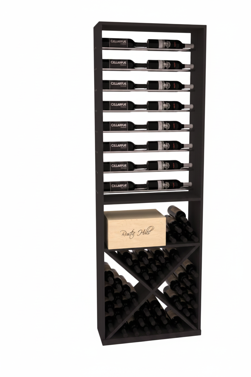 InstaCellar 26" Horizontal Display / X Bin Combo – Black Metal Rods – Ponderosa Pine / Black stained