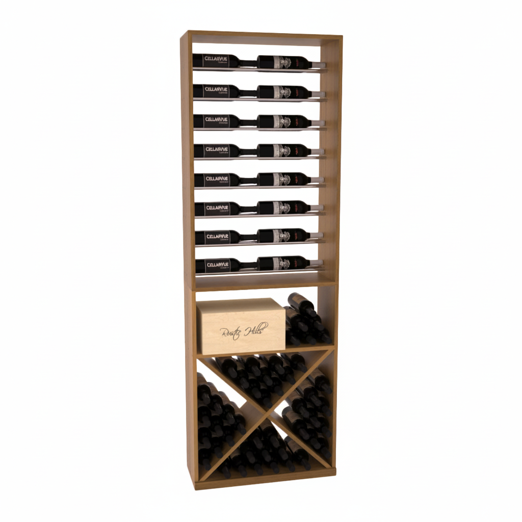 InstaCellar 26" Horizontal Display / X Bin Combo – Black Metal Rods – Ponderosa Pine / Greywash stained