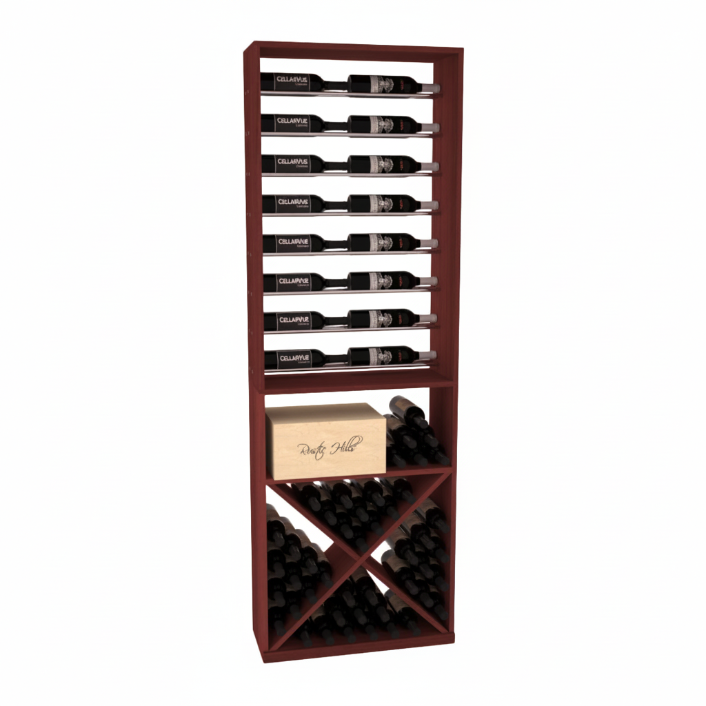 InstaCellar 26" Horizontal Display / X Bin Combo – Black Metal Rods – Knotty Alder / Greywash stained