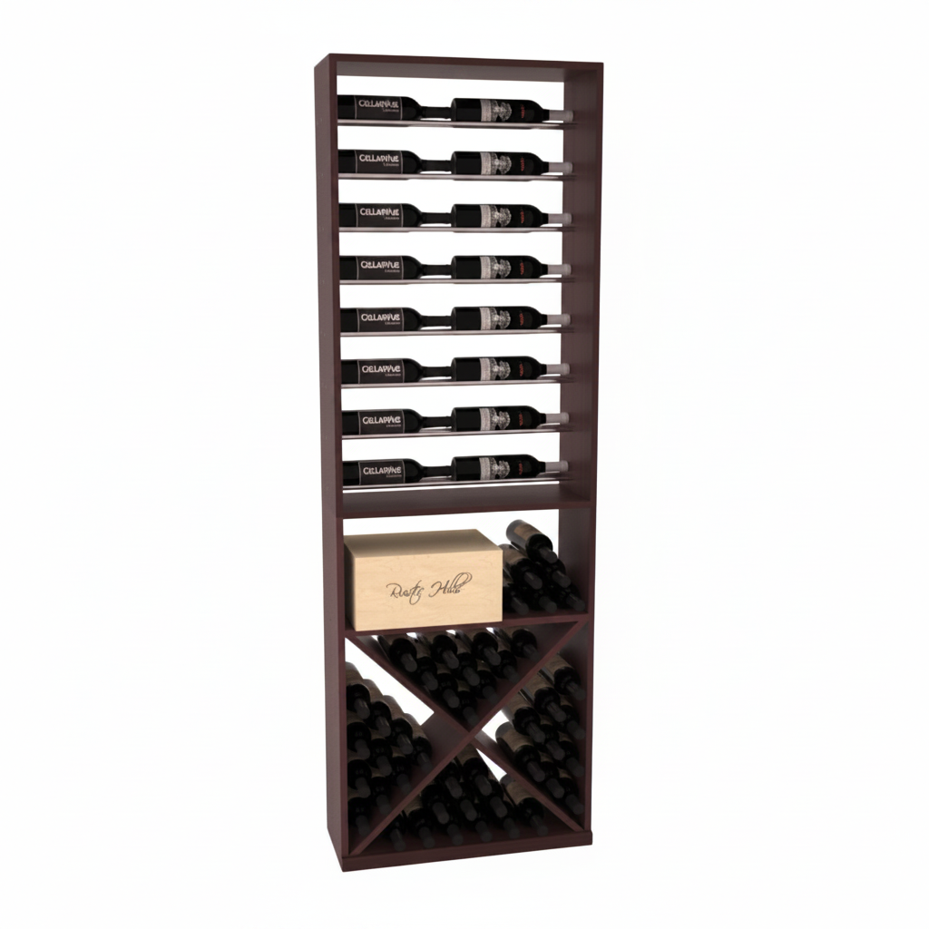 InstaCellar 26" Horizontal Display / X Bin Combo – Black Metal Rods – Premium Redwood / Greywash stained