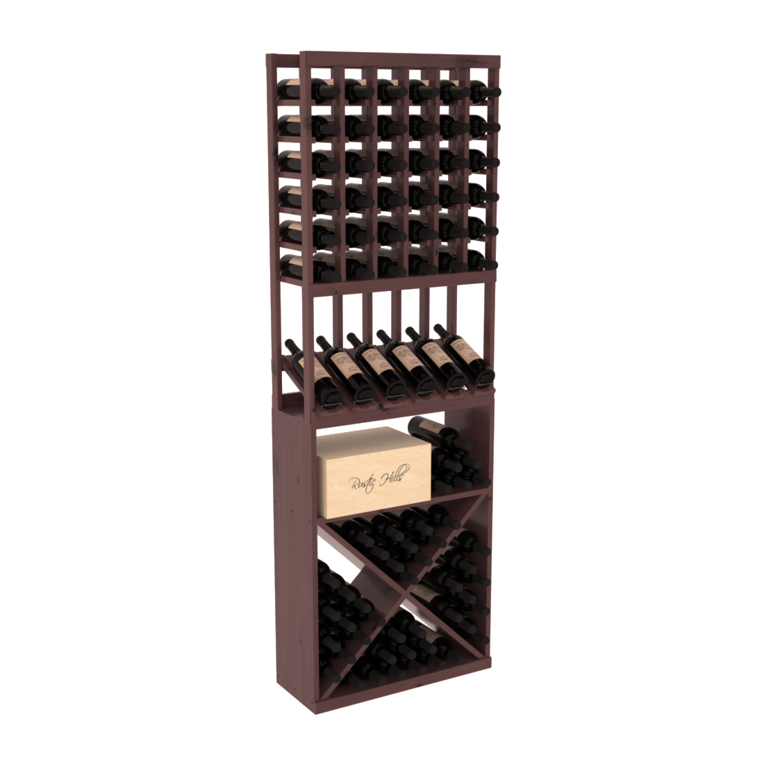 InstaCellar 6 Column High Reveal / X Bin Combo – Knotty Alder / Walnut stained
