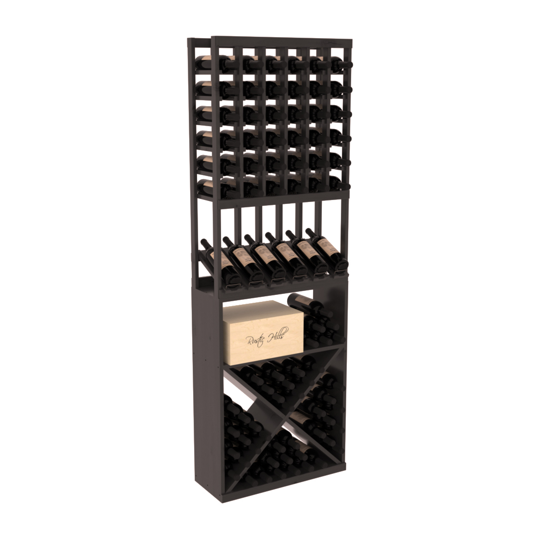 InstaCellar 6 Column High Reveal / X Bin Combo – Knotty Alder / Black stained