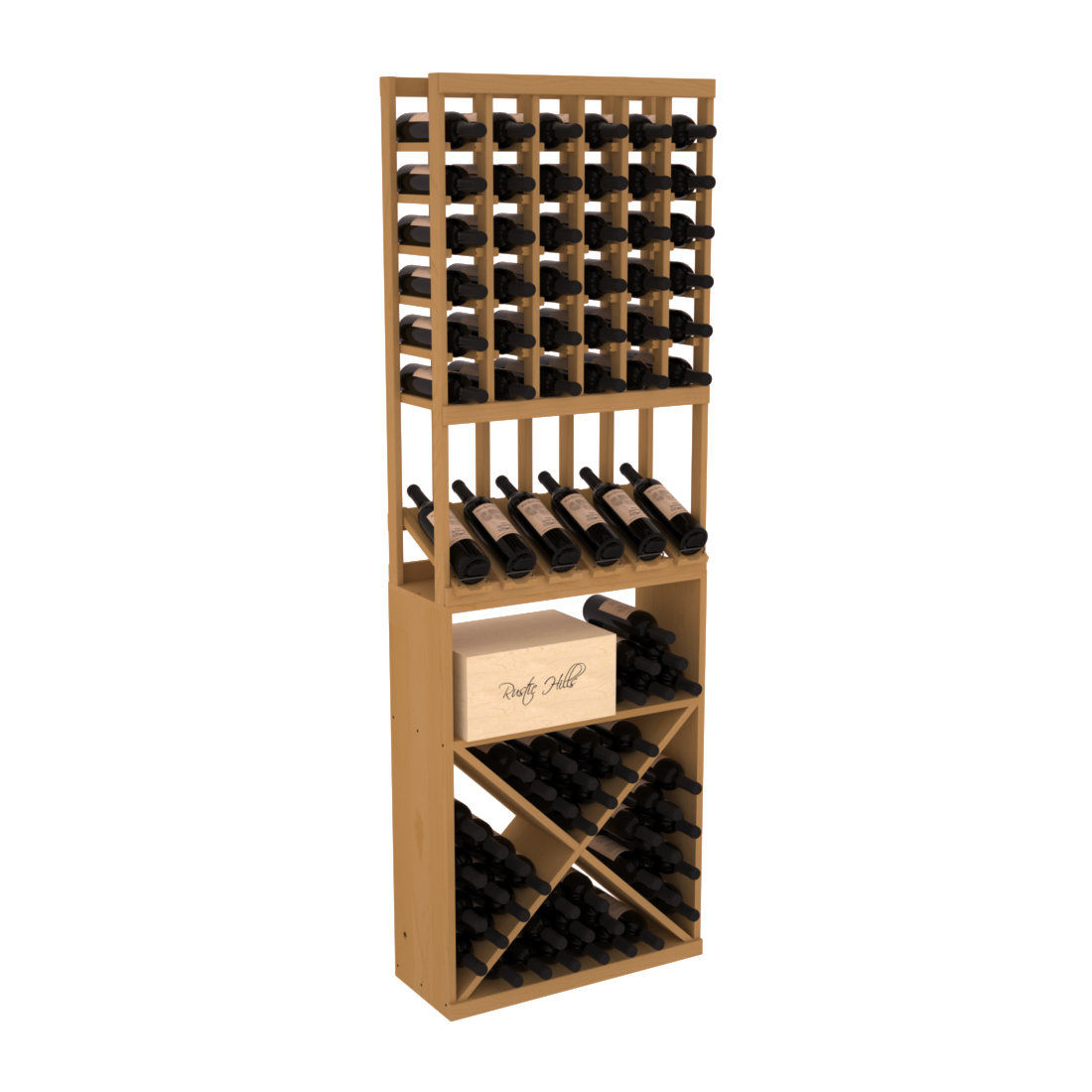InstaCellar 6 Column High Reveal / X Bin Combo – Ponderosa Pine / Oak stained