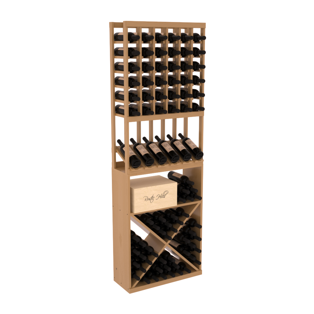 InstaCellar 6 Column High Reveal / X Bin Combo – Ponderosa Pine / Oak stained
