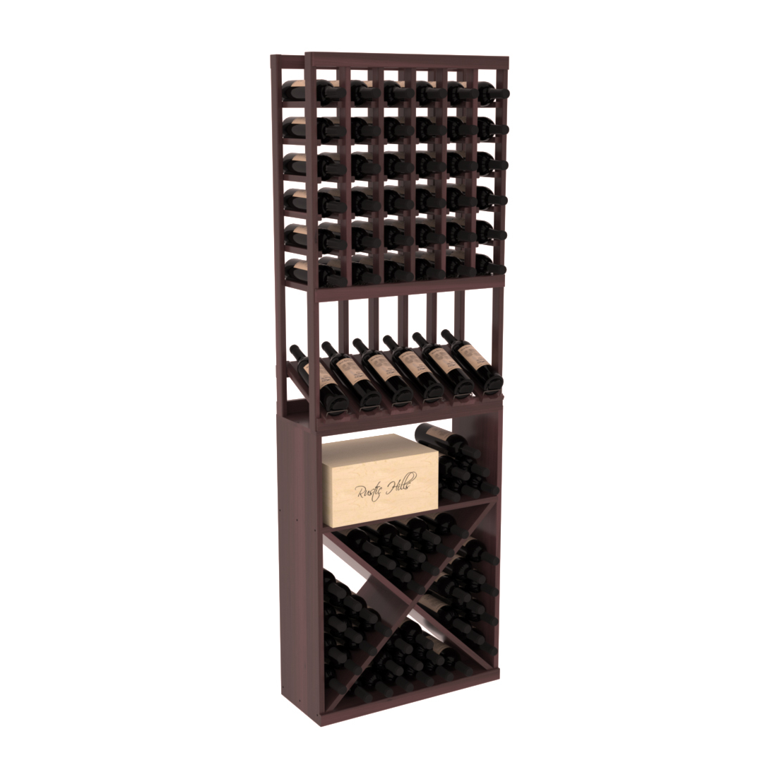 InstaCellar 6 Column High Reveal / X Bin Combo – Premium Redwood / Walnut stained