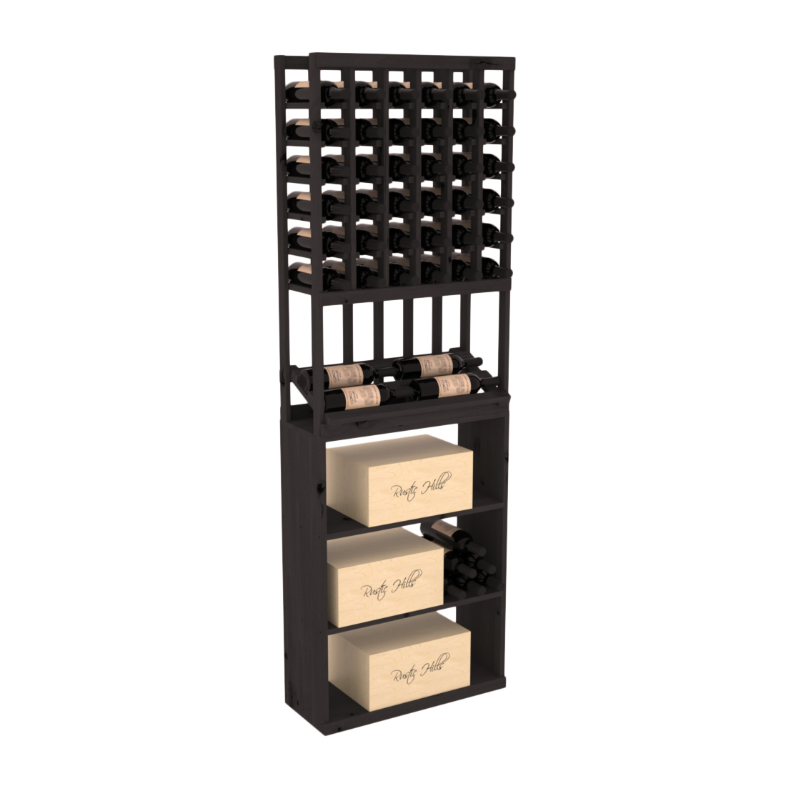 InstaCellar 6 Column Side Display / Case Bin Combo – Knotty Alder / Black stained