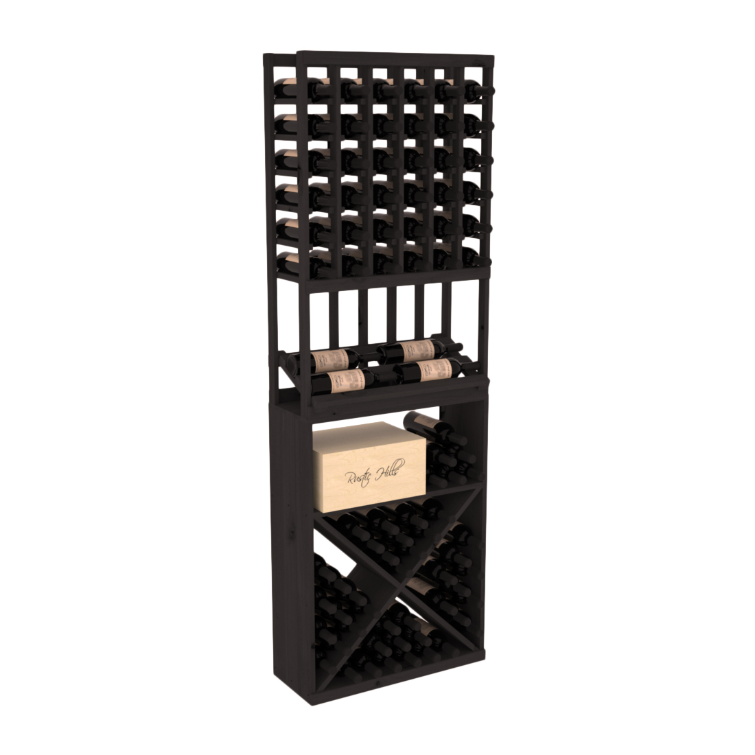 InstaCellar 6 Column Side Display / X Bin Combo – Knotty Alder / Black stained