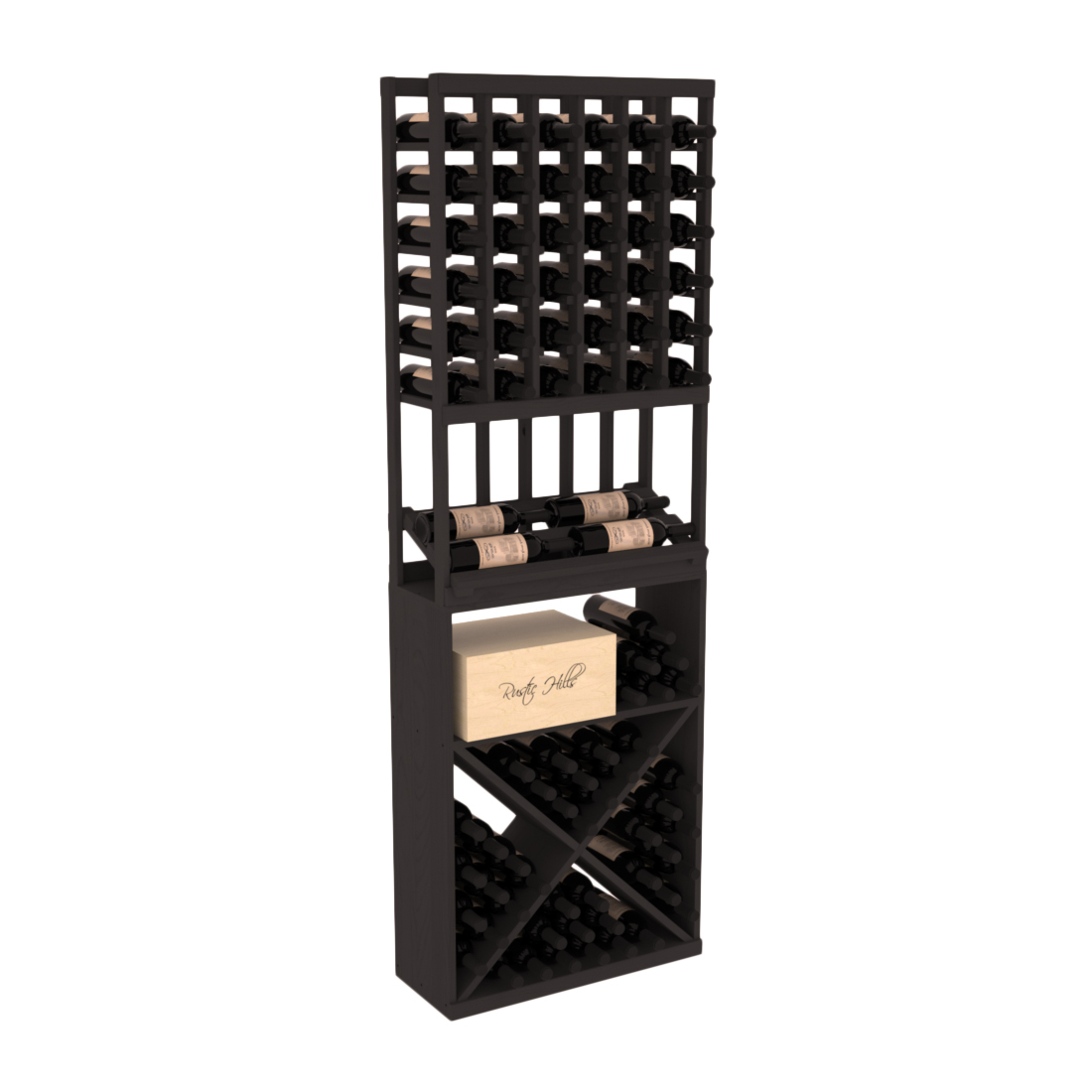 InstaCellar 6 Column Side Display / X Bin Combo – Ponderosa Pine / Black stained