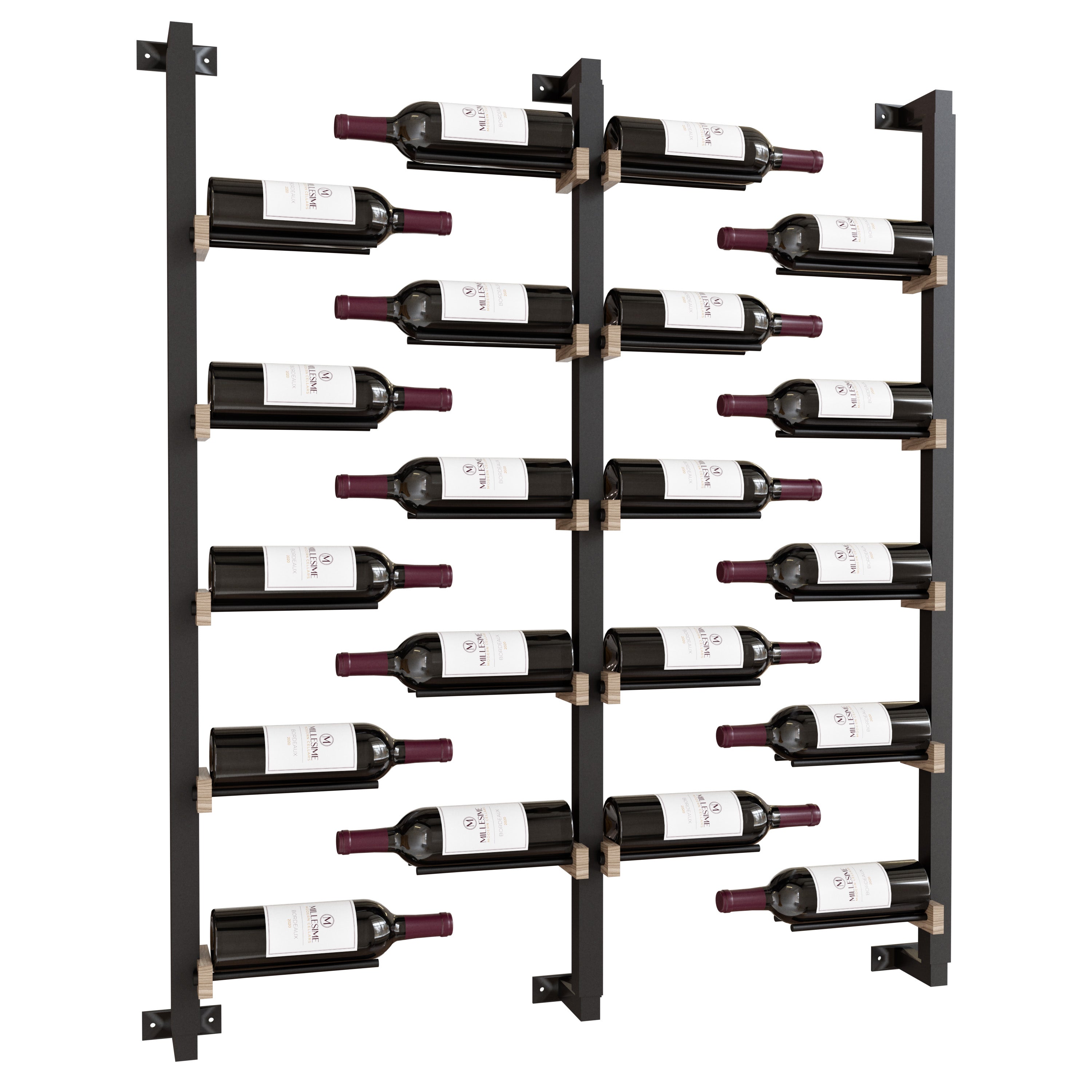 Millesime Wine Wall Collection 48" Floating Bottle Wall-Mounted Wine Racks, 1 Bottle Deep – Black Posts/Black Rods / White Oak