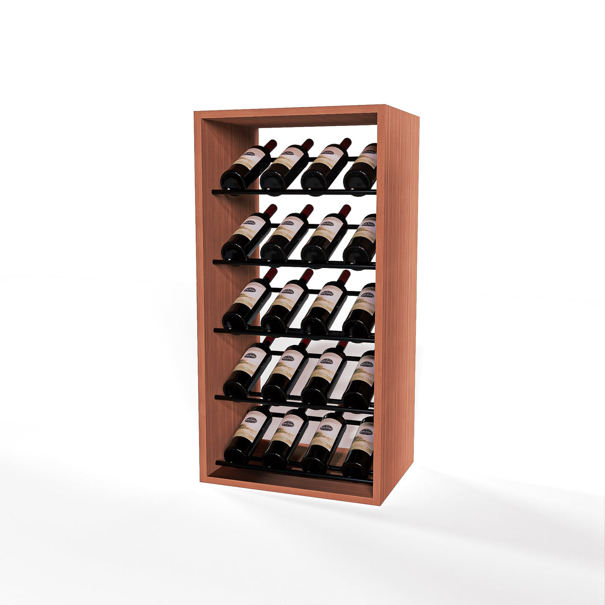 GrandCellar 4 Column Full-Depth Label-Forward Wine Base Display – 36" – Black Metal Rods – Sapele Mahogany / Unstained