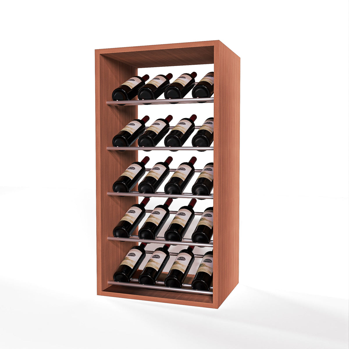 GrandCellar 4 Column Full-Depth Label-Forward Wine Base Display – 36" – Silver Metal Rods – Sapele Mahogany / Unstained