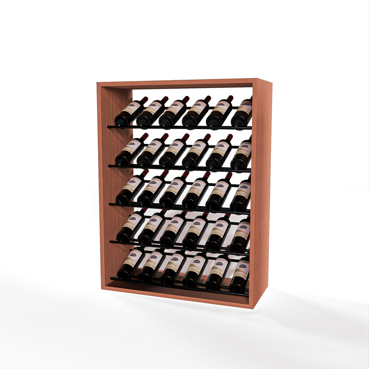GrandCellar 6 Column Full-Depth Label-Forward Wine Base Display – 36" – Black Metal Rods – Sapele Mahogany / Unstained