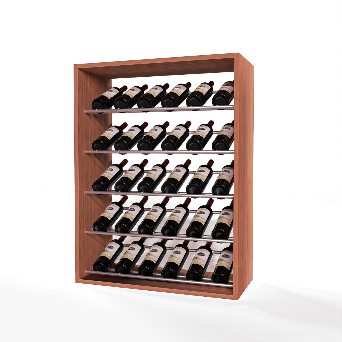 GrandCellar 6 Column Full-Depth Label-Forward Wine Base Display – 36" – Silver Metal Rods – Sapele Mahogany / Unstained