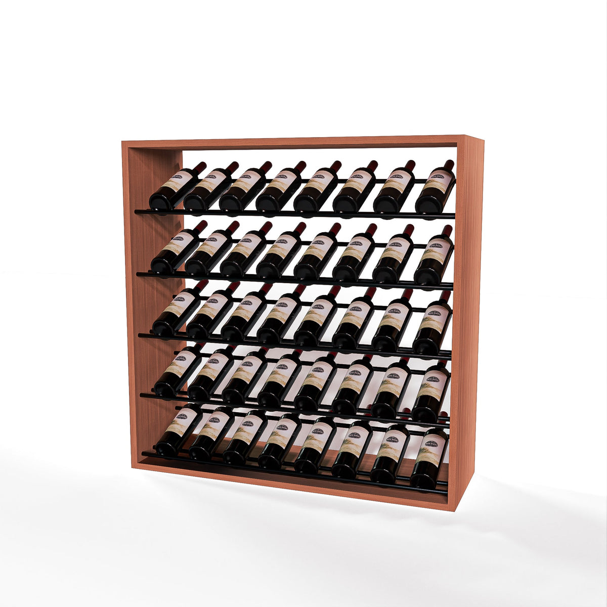 GrandCellar 8 Column Full-Depth Label-Forward Wine Base Display – 36" – Black Metal Rods – Sapele Mahogany / Unstained