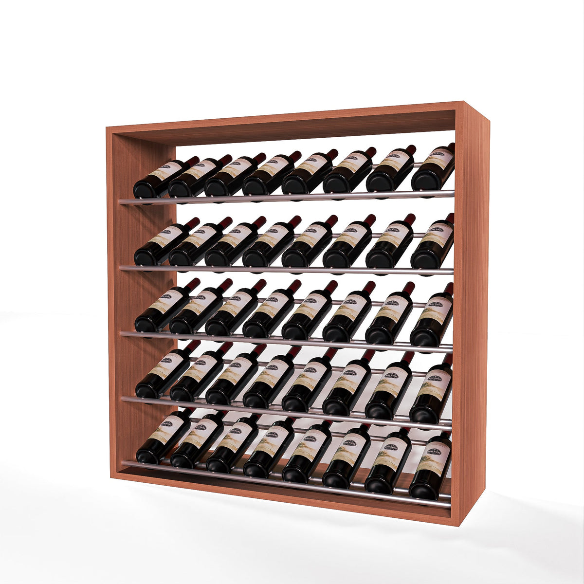 GrandCellar 8 Column Full-Depth Label-Forward Wine Base Display – 36" – Silver Metal Rods – Sapele Mahogany / Unstained