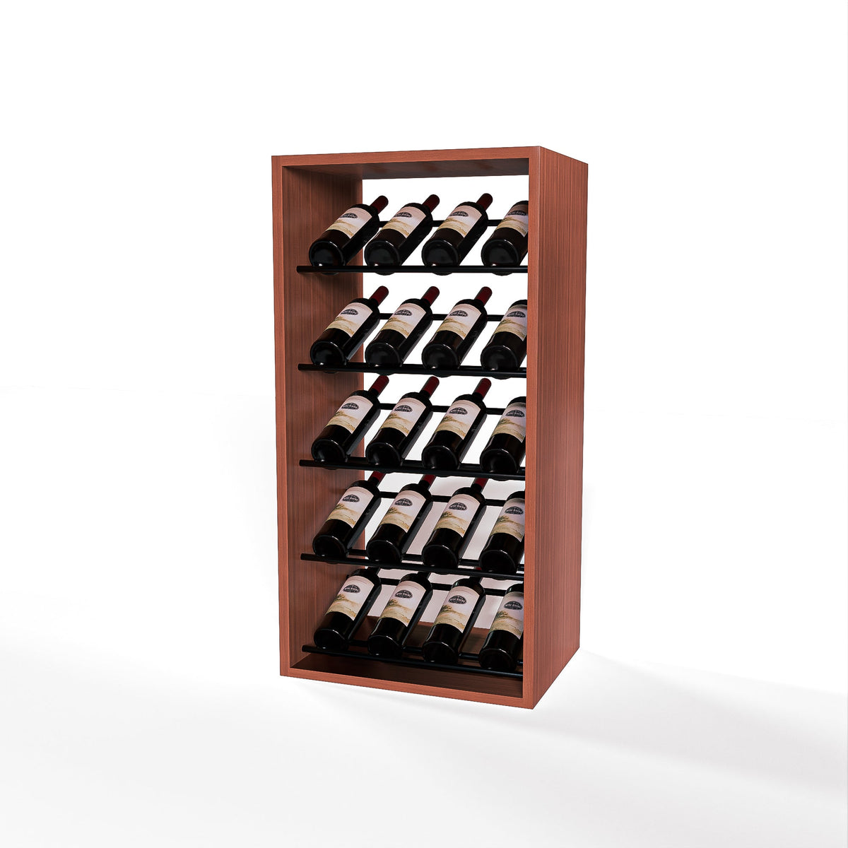 GrandCellar 4 Column Full-Depth Label-Forward Wine Base Display – 36" – Black Metal Rods – Sapele Mahogany / Unstained