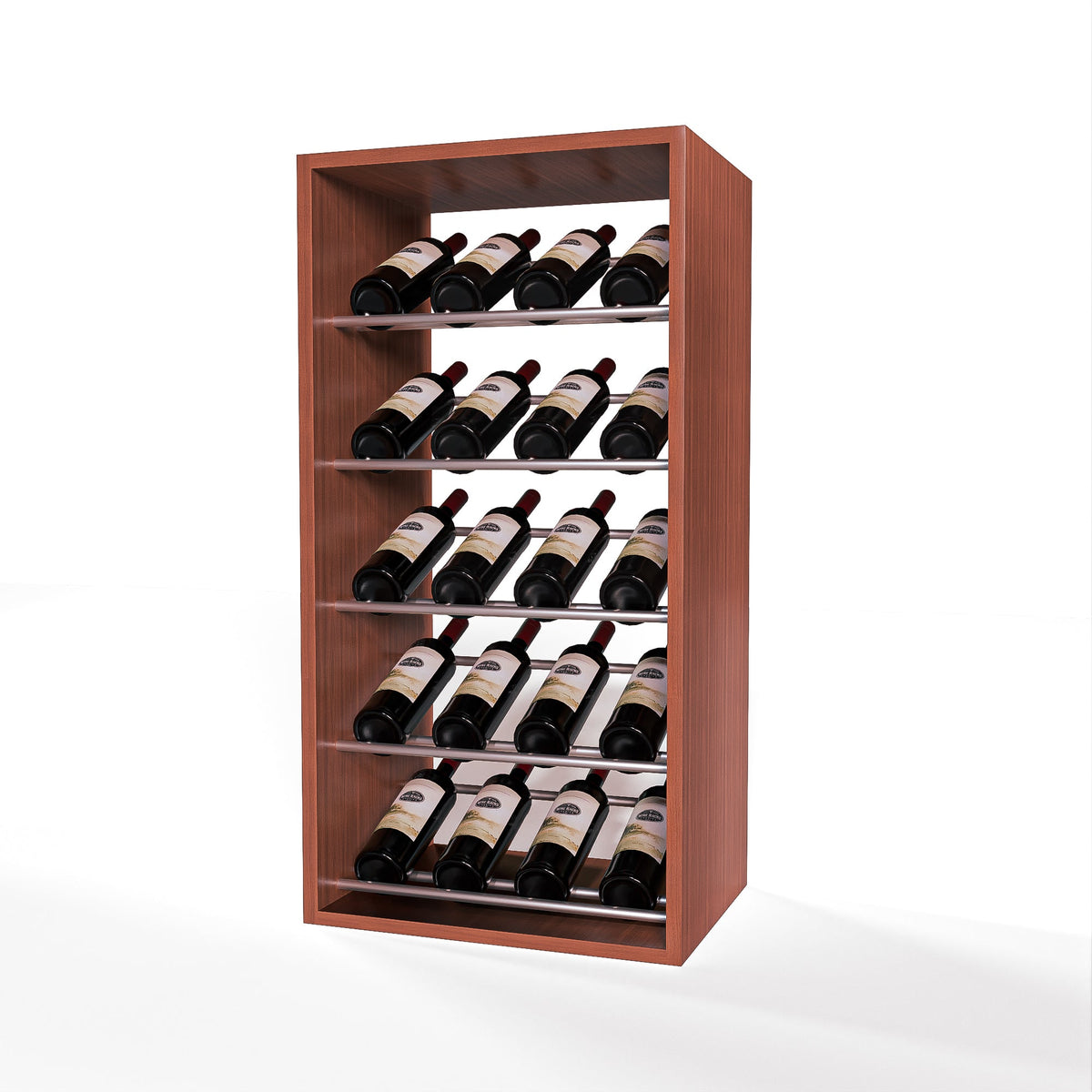 GrandCellar 4 Column Full-Depth Label-Forward Wine Base Display – 36" – Silver Metal Rods – Sapele Mahogany / Unstained