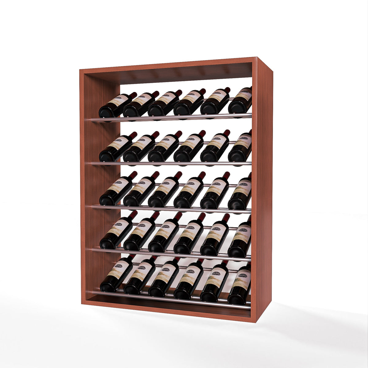 GrandCellar 6 Column Full-Depth Label-Forward Wine Base Display – 36" – Silver Metal Rods – Sapele Mahogany / Unstained