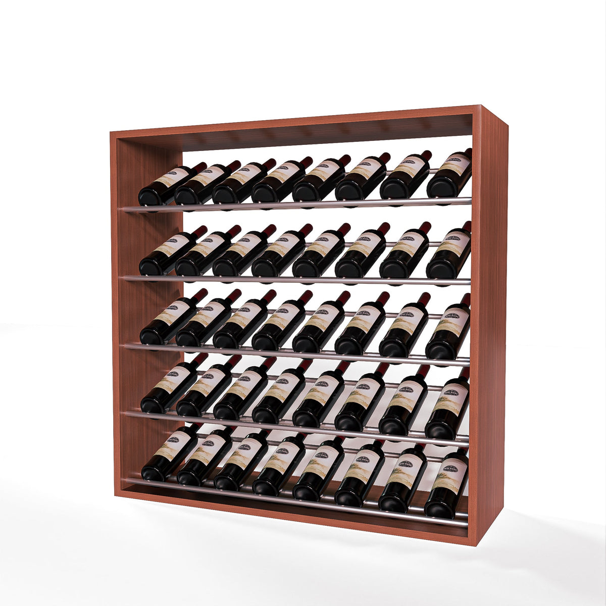 GrandCellar 8 Column Full-Depth Label-Forward Wine Base Display – 36" – Silver Metal Rods – Sapele Mahogany / Unstained