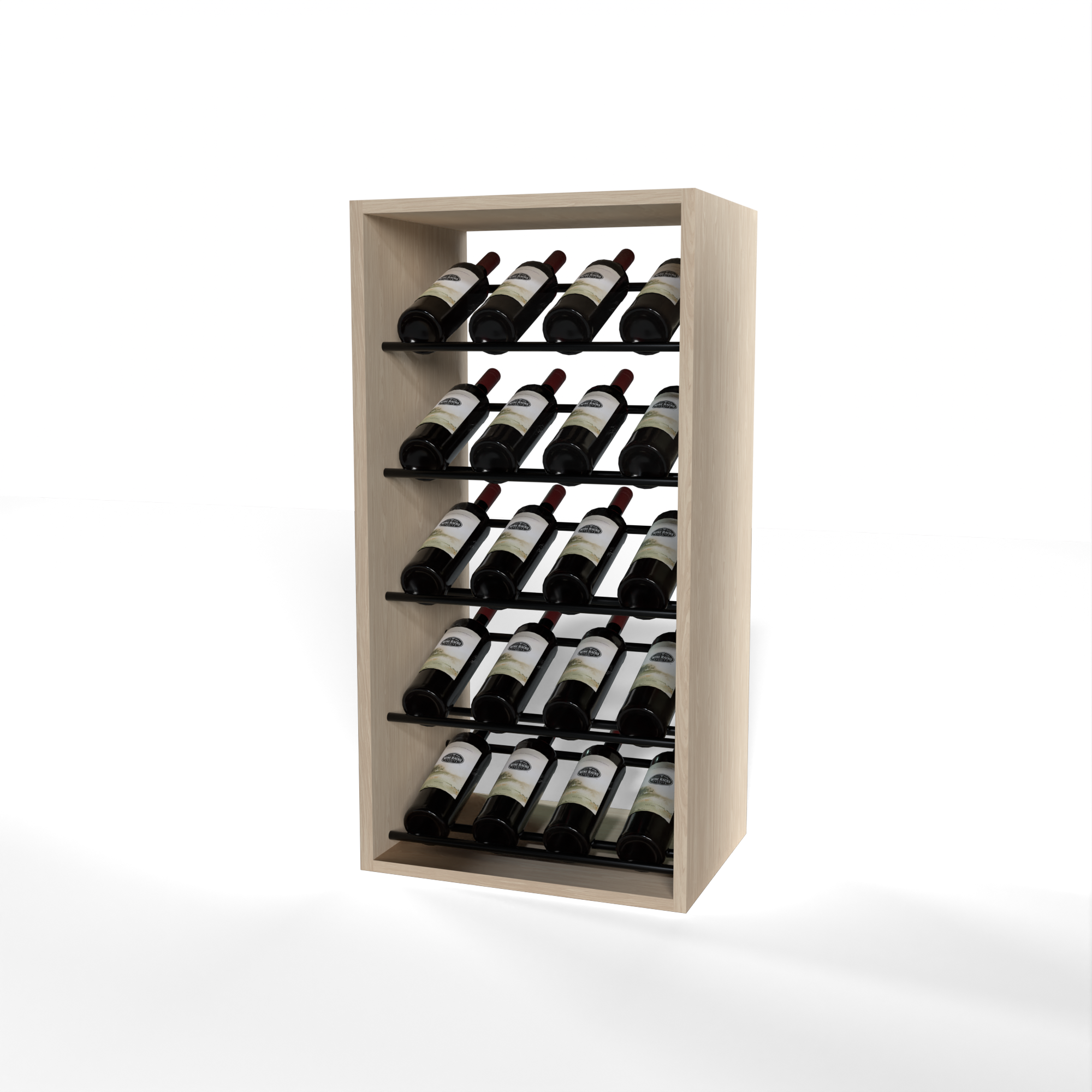 GrandCellar 4 Column Full-Depth Label-Forward Wine Base Display – 36" – Black Metal Rods – White Oak / Unstained