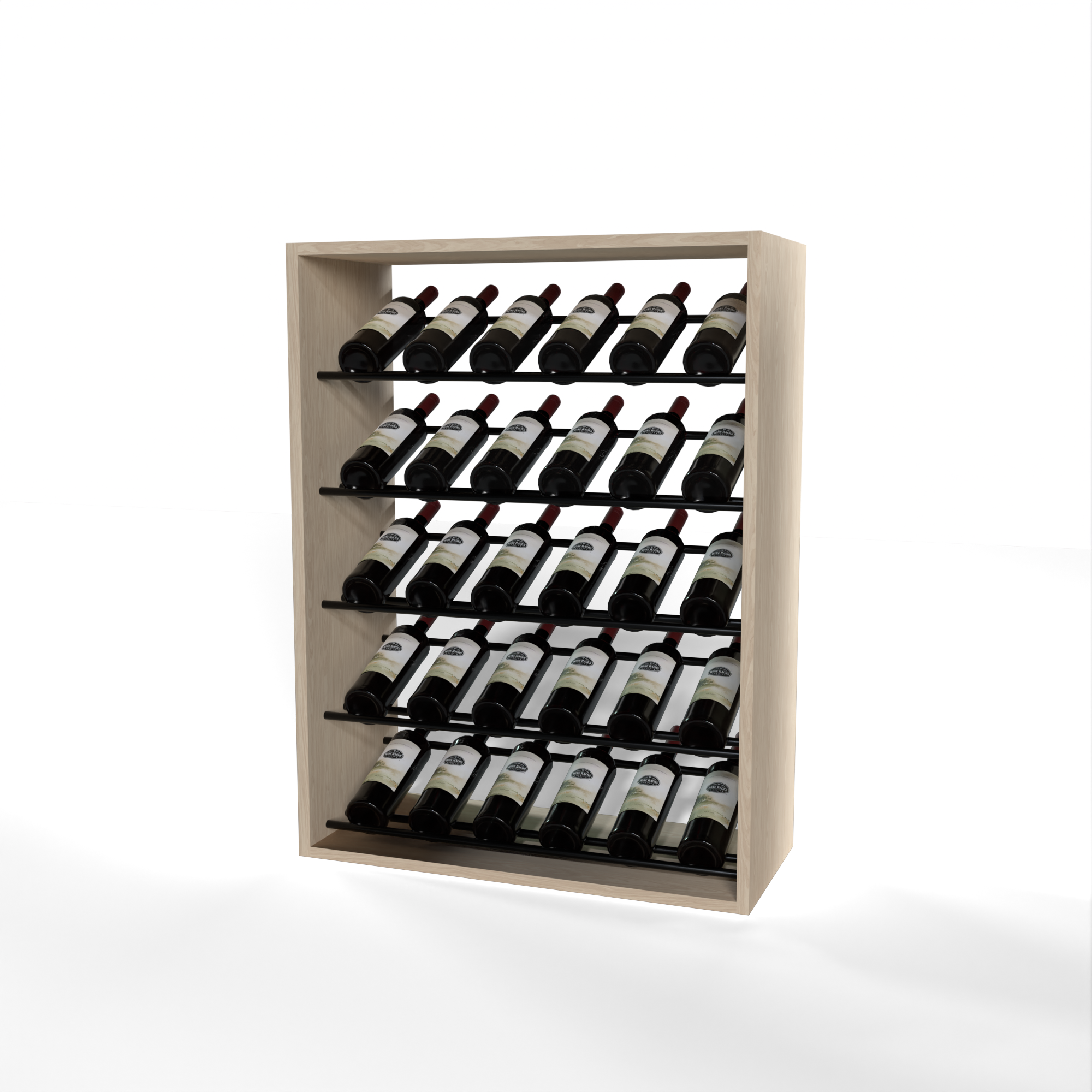 GrandCellar 6 Column Full-Depth Label-Forward Wine Base Display – 36" – Black Metal Rods – White Oak / Unstained